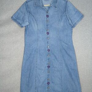 Vintage Sophia Rose Denim Shirt Dress Embroidered Heart Buttons Womens L Cottage